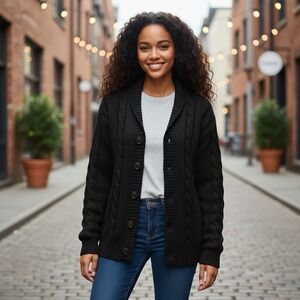 Paul Jones M Women's Black Sweater Button Mock Turtle Soft Cable Knit Could Be L